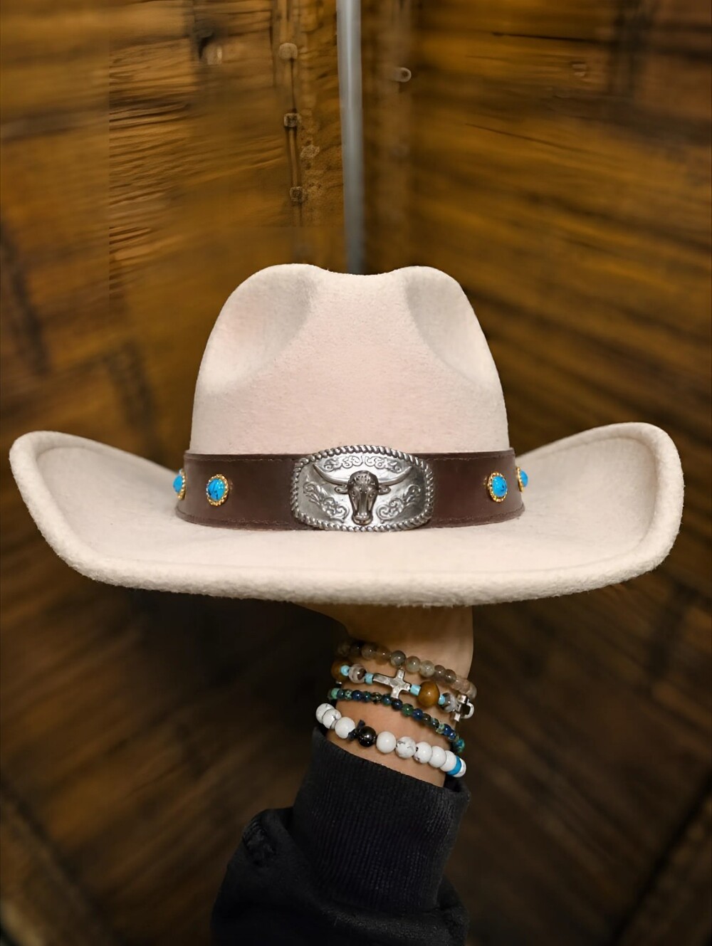 Cream Felted Western Cowboy Hat w Brown Leather Concho Band
